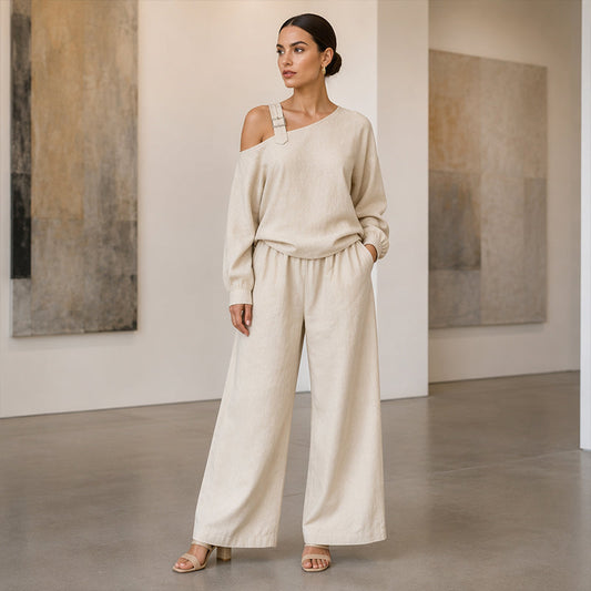 ✨😍Set elegant pentru femei: top cu un umăr și pantaloni cu picior larg🎉