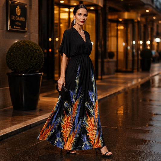 🌸✨ Rochie Maxi Fluidă cu Decolteu V & Mâneci Liliac – Imprimeu Spectaculos, Talie Elastică Flatantă, Mărimi L-4XL 🌺🦋
