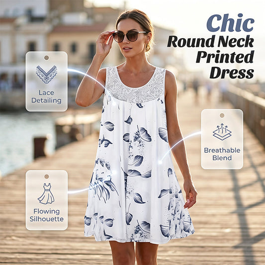 ☀️🧊Rochie de damă fără mâneci, cu decolteu rotund și imprimeu🌸😍