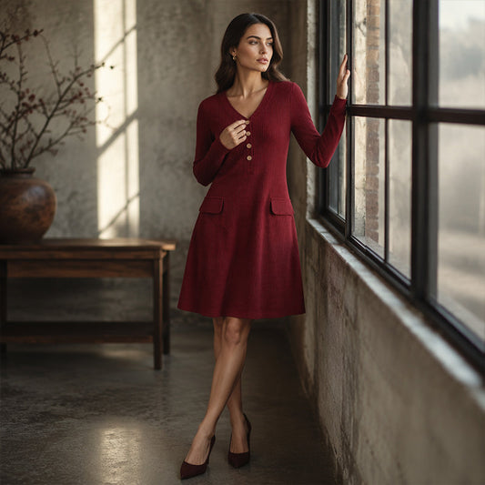 🛍️😍Rochie tricotată cu dungi verticale și decolteu în V pentru femei❤️