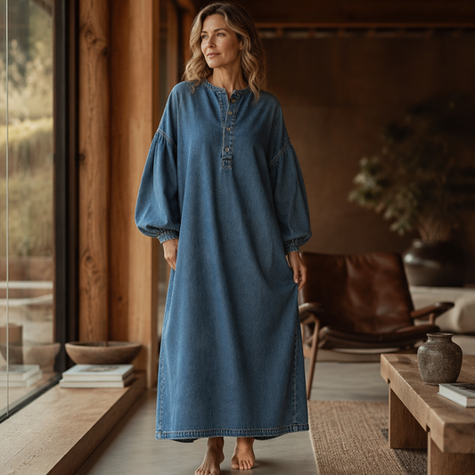 🧊✨Rochie denim maxi cu mâneci lungi tip lanternă pentru femei😎😍