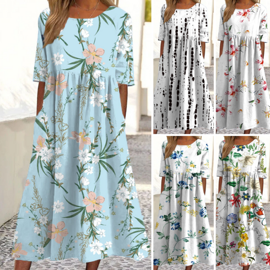 ✨ 👗 Rochie lungă elegantă pentru femei, cu imprimeu floral și guler rotund 🌸