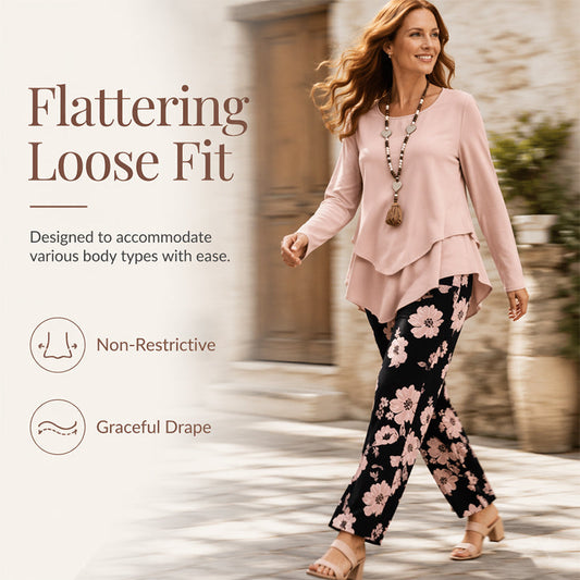 👗✨ Compleu Feminin Top Dublu Stratificat & Pantaloni cu Imprimeu Floral – Croială Lejeră Elegantă, 7 Culori, Mărimi S-3XL 🌸😍