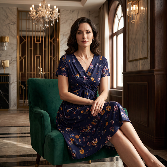 👗✨ Rochie Midi Florală cu Decolteu V Încrucișat & Talie Răsucită – Siluetă Feminină cu Buzunare, 6 Culori, Mărimi S-5XL 🌸🧡