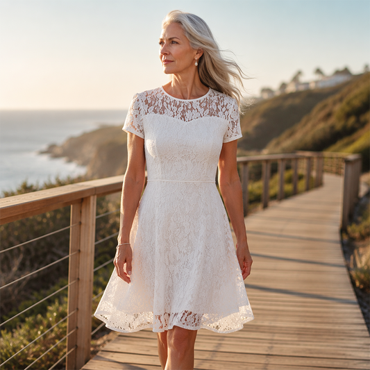 👗✨ Rochie elegantă de damă din dantelă – siluetă în A, decolteu rotund, mânecă scurtă, mărimi S–2XL 🌟