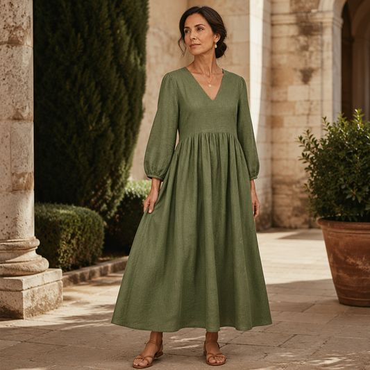 👗✨Rochia Maxi cu V-neck și Pliseuri pentru Femei💓