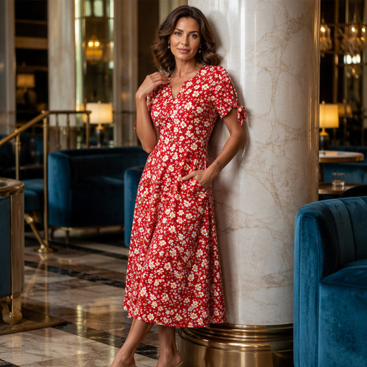 👗✨ Rochie Midi Florală Vintage cu Decolteu V, Mâneci cu Șnur & Buzunare – Lejeră, Respirabilă, 8 Culori, Mărimi S-3XL 🌸🌿