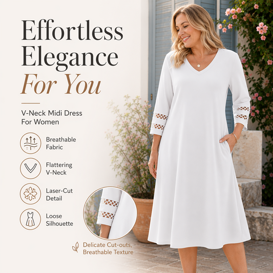 💯Calitate superioară☀️👗Alegere de Top - Rochie Midi cu Decolteu în V – Croială Relaxată și Cădere Moale pentru Orice Ocazie
