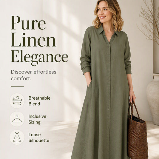 👗✨ Rochie-cămașă maxi elegantă pentru femei – din bumbac și in, cu mâneci lungi, 11 culori, mărimi S–5XL 🌿