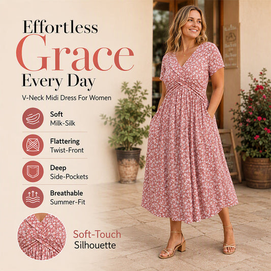 👗✨ Rochie Midi Elegantă cu Print Floral & Decolteu V – Romantică, Feminină, Talie Marcată, pentru Doamne Rafinate, 2 Culori, Mărimi S-6XL 🌸🌟