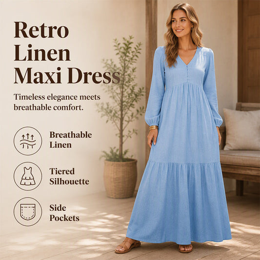 👗✨ Rochie Maxi Retro cu Decolteu V, Mâneci Lungi & Volane – Grațieși Feminitate, Buzunare, pentru Doamne Rafinate, 6 Culori, Mărimi S-4XL 🌸🌟