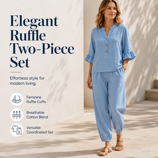✨🧥 Set Elegant 2 Piese – Top cu Volănașe & Nasturi + Pantaloni Drepți, Linen-Like, Confortabil, 6 Culori, Mărimi S-3XL 🌸🌟