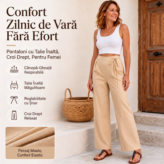 Pantaloni drepți pentru femei, cu talie înaltă și șnur