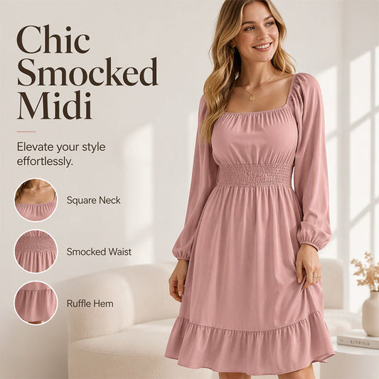 👗✨ Rochie Midi Romantică cu Decolteu Pătrat & Talie Smocked – Mâneci Lanternă, Fustă A-Line cu Volan, 6 Culori, Mărimi S-XL 🌸💝