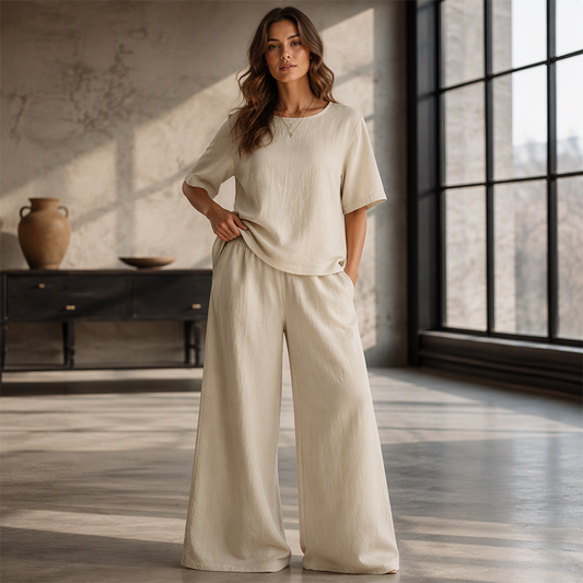 ❤️✨ Set Casual din Bumbac-In – Top Lejer cu Gât Rotund & Pantaloni Largi cu Buzunare, Croială Fluidă, 8 Culori, Mărimi S-2XL 🌸🌿
