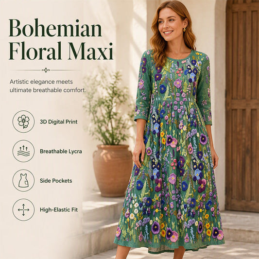 ✨Reducere de 49% 🌺Rochie midi cu imprimeu floral, mâneci 3/4, cu buzunare, pentru femei