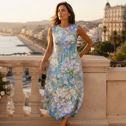 👗✨ Rochie Midi din In, Fără Mâneci, Imprimeu Floral, Croială A-Line, Buzunare Adânci — Lejeră și Elegantă 👗