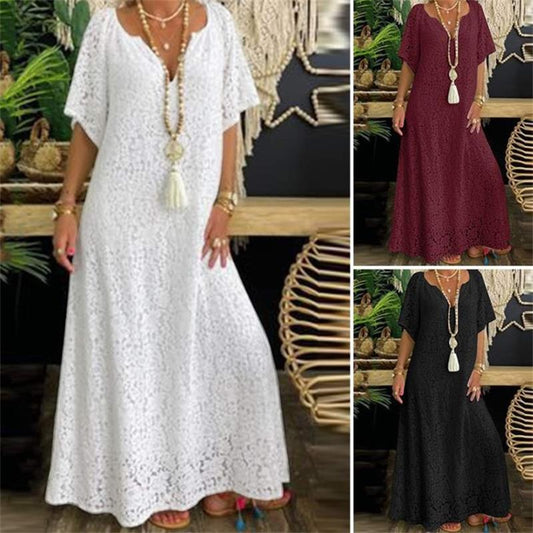 👗✨ Rochie Maxi din Dantelă, Decolteu V, Mânecă Fluture, Stil Retro Boem — Alb, Vișiniu, Negru 👗