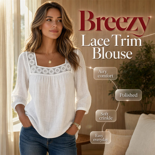 😍✨ Bluză Elegantă cu Guler Pătrat și Dantelă Crochet, Mânecă 3/4, Lejeră — Alb, Albastru, Negru, Roz — S-3XL 💓