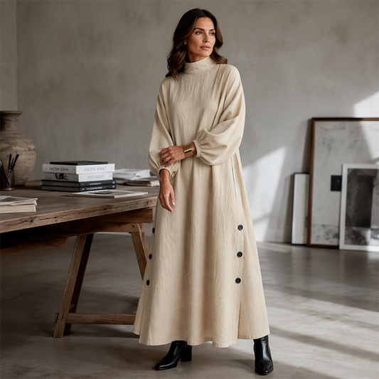 ❤️✨ Rochie Maxi din Mătase de Gheață, Mânecă Lungă, Guler Înalt, Croiălă Lejeră cu Detalii Nasturi — 6 Culori — S-2XL 🌿