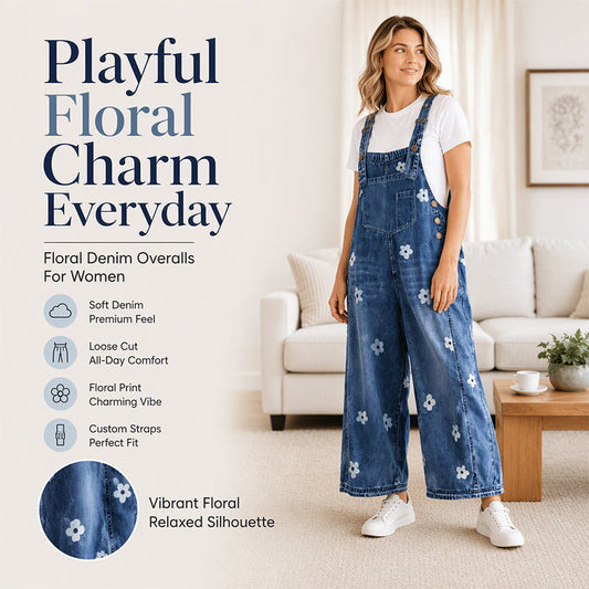 😍✨ Salopetă Denim Lejeră cu Imprimeu Floral, Bretele Reglabile și Picior Larg — Negru, Kaki, Verde, Albastru — S-2XL 🌸