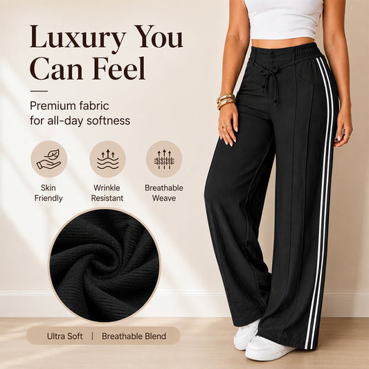 😍✨ Pantaloni Largi cu Șnur, Talie Înaltă Elastică, Dungă Laterală Contrastantă, Croială Fluidă — Negru, Caisie, Kaki, Roz — S-2XL ❤️