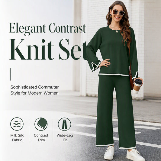 👚Noutăți - Set Top & Pantaloni cu Croială Evazată – Detalii cu Șnur Contrastant și Buzunare Versatile pentru Pauze de Cafea sau Relaxare