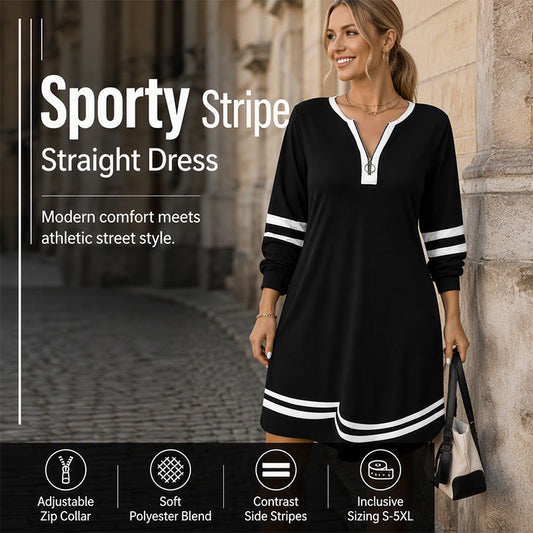 👗✨ Rochie Casual cu Dungi Sport, Fermoar Jumătate, Mânecă Lungă, Lejeră — Negru, Alb — S-5XL 👗