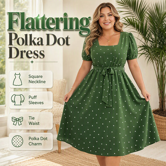 👗✨ Rochie Midi cu Buline, Decolteu Pătrat, Mâneci Balon, Cordon la Talie — Mărimi XL-4XL, Roșu, Verde, Bleumarin 👗