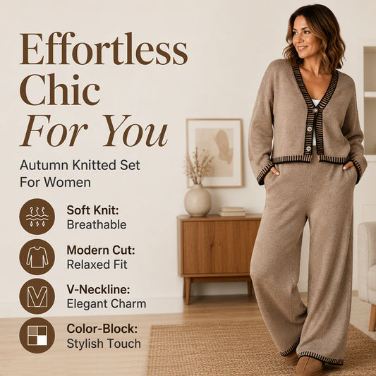 😍✨ Compleu Tricotat 2 Piese, Cardigan V cu Margini Contrastante și Pantaloni Largi — Elegant, Cald, Rafinat ❤️