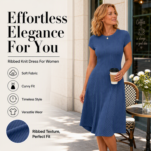 👗✨ Rochie Midi Tricotată cu Nervuri, Periată, Mânecă Scurtă, Croială A-Line — Moale, Elegantă, Atemporală 👗
