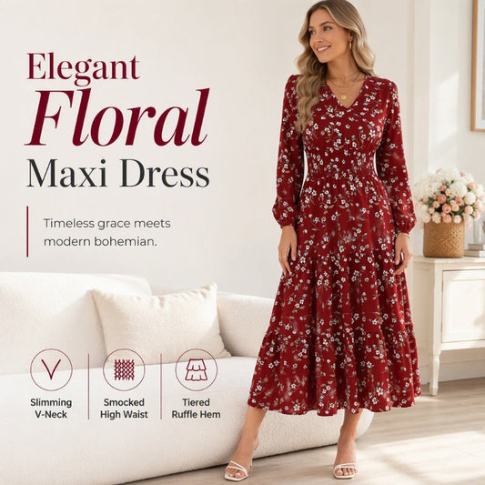 👗✨ Rochie Maxi Florală, Decolteu V, Talie Smocked, Fustă pe Niveluri — Vișiniu, Roz, Bleumarin 👗
