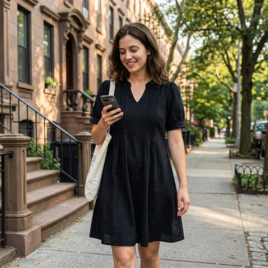 👗✨ Rochie A-Line Elegantă, Decolteu V, Mâneci Balon, Cute Verticale — Negru, Maro — Mărimi XL-6XL 👗