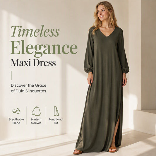 👗✨ Rochie Maxi Elegantă cu Decolteu V, Mâneci Felinar și Fantă Laterală — Gri, Negru, Verde — Lejeră și Rafinată 👗