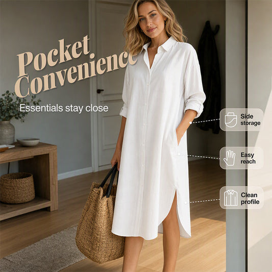 👗✨ Rochie Cămașă Lejeră din Bumbac și In, cu Buzunare Laterale — 7 Culori, S-XXL — Confort și Stil 👗