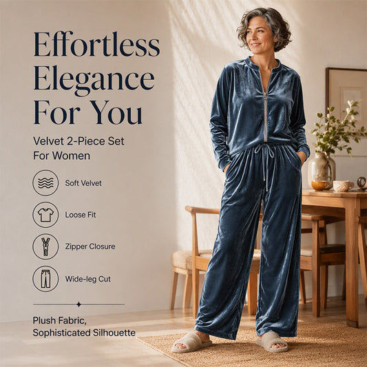 😍✨ Compleu 2 Piese din Catifea, Bluză cu Fermoar și Pantaloni Largi cu Șnur — Moale, Elegant, Rafinat ❤️