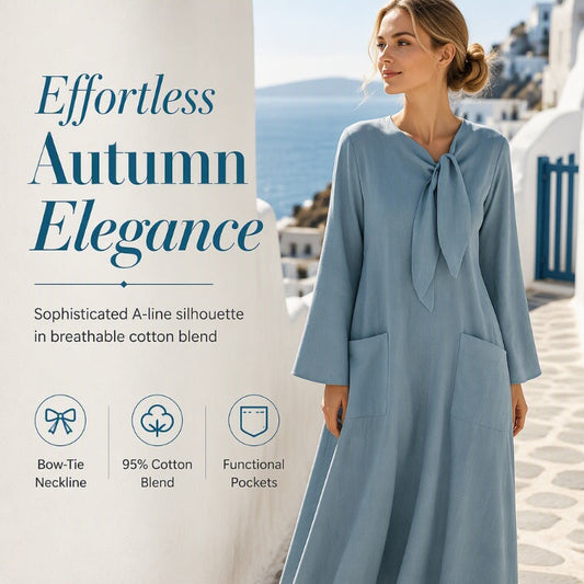 👗✨ Rochie Midi A-Line din Bumbac, Guler cu Fundă, Mânecă Lungă, Buzunare Față — Albastru, Kaki — S-2XL 👗