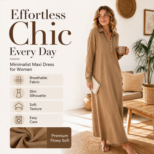 👗✨ Rochie Maxi cu Guler Polo și Nasturi, Mânecă Lungă, Croit Slim, Fabric Moale și Fluid — Minimalistă, Elegantă, Confortabilă 👗