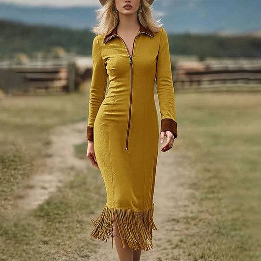 👗✨ Rochie Midi Mulată din Catifea, Guler Rever cu Fermoar, Poală cu Franjuri, Manșete Contrastante — Galben, Bleumarin, Roz — S-3XL 👗