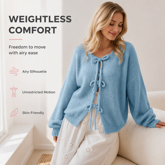 😍✨ Cardigan Tricotat cu Fundițe la Față, Guler Rotund, Mânecă Balon — Lejer, Moale, Feminin — 6 Culori, S-2XL ❤️