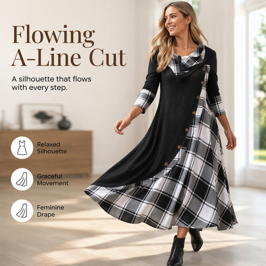 👗✨ Rochie Maxi A-Line cu Guler Cowl, Patchwork Carouri, Nasturi Laterali și Buzunare — 4 Culori, M-3XL 👗
