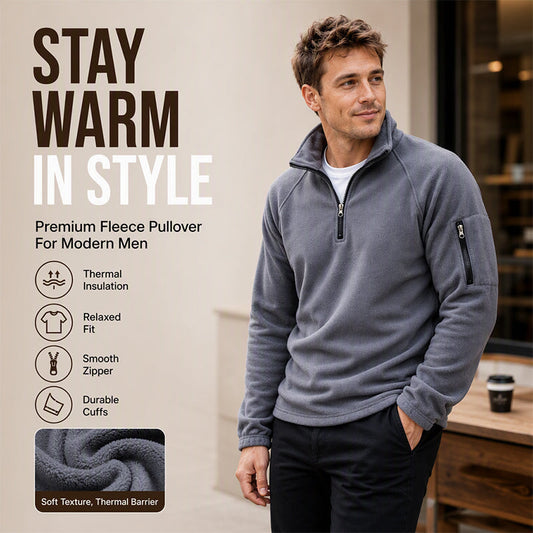 🧥✨ Pulover Bărbătesc din Fleece Polar cu Fermoar pe Jumătate, Guler Ridicat, Buzunar Fermoar pe Mânecă — Căldură, Confort, Stil — Croit Relaxat