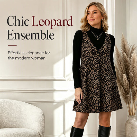😍✨ Compleu 2 Piese cu Imprimeu Leopard, Bluziță Guler Înalt Negru + Rochie Bretele V-Neck A-Line — Kaki, Roșu — S-2XL ❤️