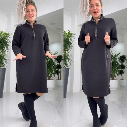 😎✨ Rochie Midi Sport Lejeră, Guler Semi-Ridicat cu Fermoar, Dungi Laterale cu Litere, Crepătură Laterală — Negru, S-4XL 🔝