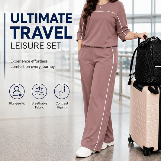 ✈️🌸 Costum Casual 2 Piese Plus Size, Bluză Mânecă 3/4 + Pantaloni Largi, Bordură Contrastantă, Talie Elastică — 12 Culori, 0XL-5XL