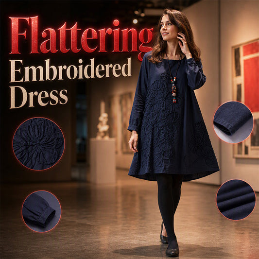 🎨✨ Rochie A-Line cu Broderie Florală Relief, Guler Rotund, Mâneci Lungi, Croit Lejer — 6 Culori, S-3XL 🌸
