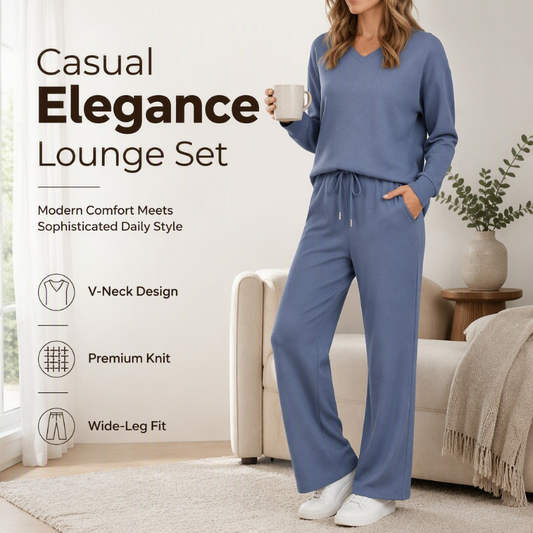☕✨ Set Lounge 2 Piese: Top cu Decolteu V, Mâneci Lungi + Pantaloni Largi cu Șnur, Tricotat Moale — Albastru, Cais, Negru, Verde — S-2XL 🧘‍♀️