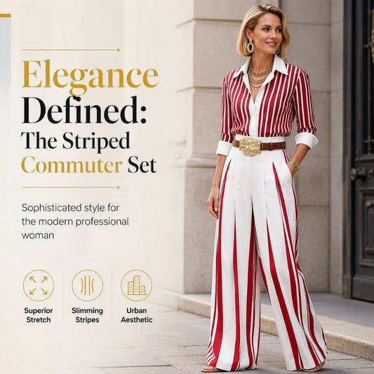 🌸 49% REDUCERE ACUM! Cămașă Casual pentru Femei cu Dungi și Pantaloni cu Croială Evazată