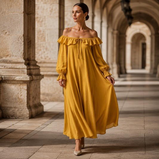 👗🥰 Rochie Maxi cu Umeri Goi și Volane — Aerioasă, Romantică, Perfectă pentru Ocazii Speciale ✨