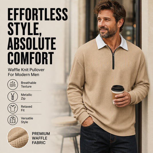 ❤️😍 Pulover Bărbat cu Guler și Semi-Fermoar — Tricot Waffle, Confortabil, Stil Rafinat Casual ✨